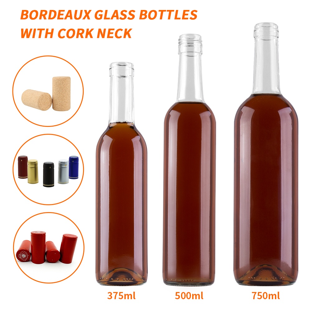 Custom Clear Bordeaux Wine Bottles for Premium Brands Bottle Shape, Cork Closure, and Capsule Options
